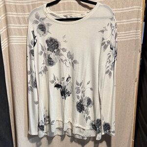 Cato Cream and Black Floral Long Sleeve Top